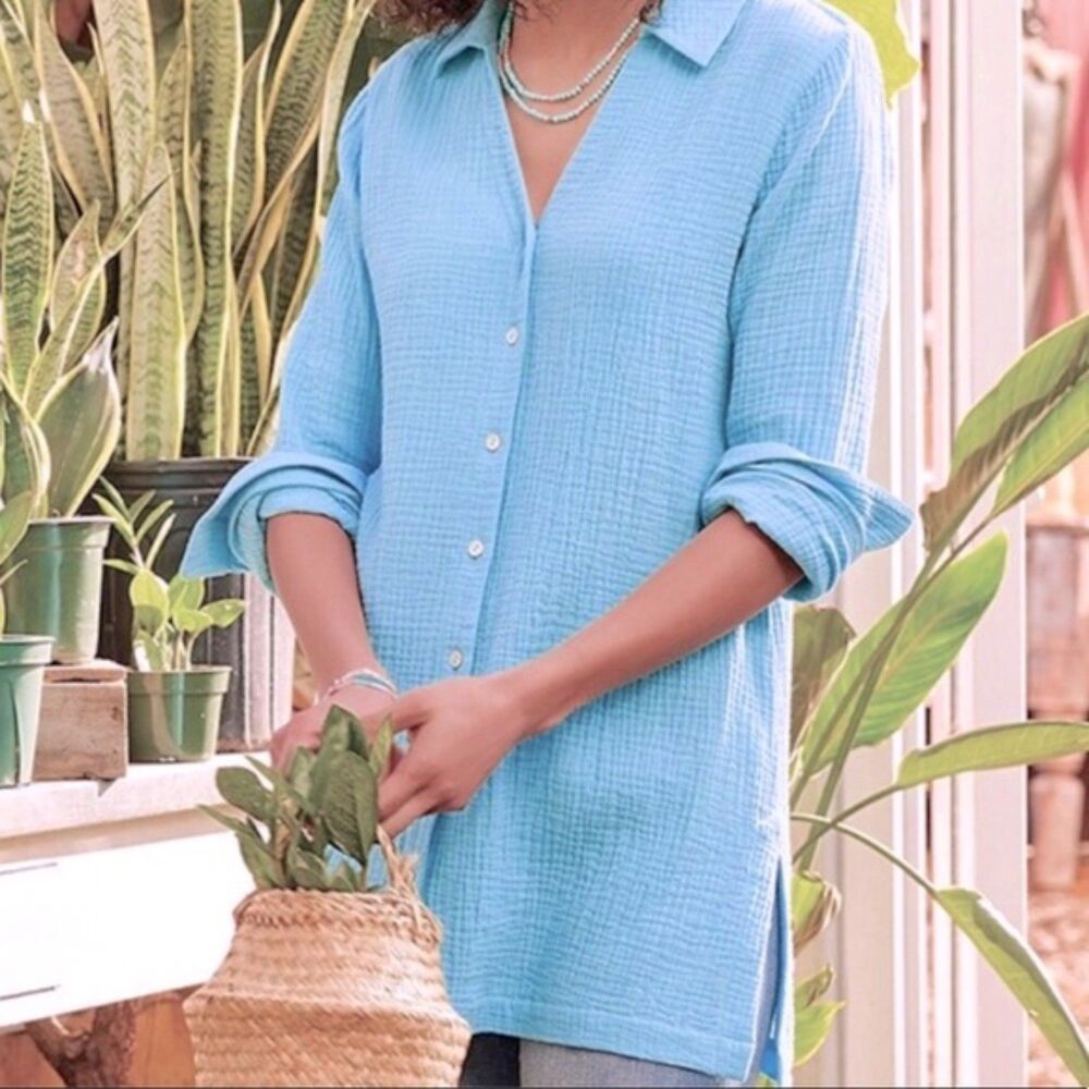 Soft Surroundings Escambia Gauze Blouse Top Blue Teal Button Up Size L
